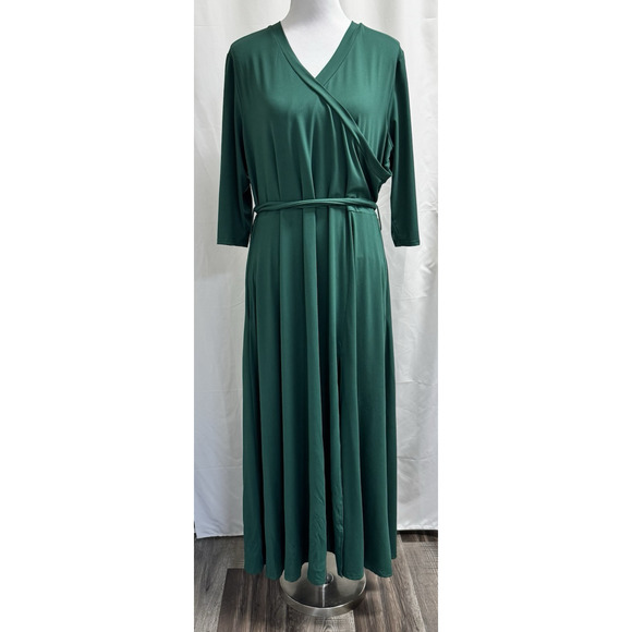 Women's Faux Wrap Maxi Dress Forest Green Long Sleeves Women's Size 2X - Picture 1 of 7